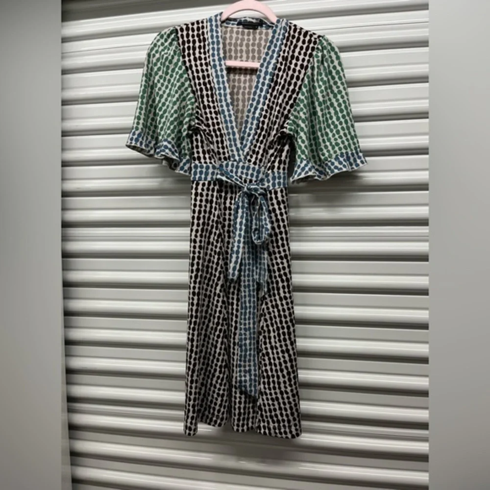BCBGMaxAzria Brown and Blue Wrap Midi Dress - Picture 1 of 8